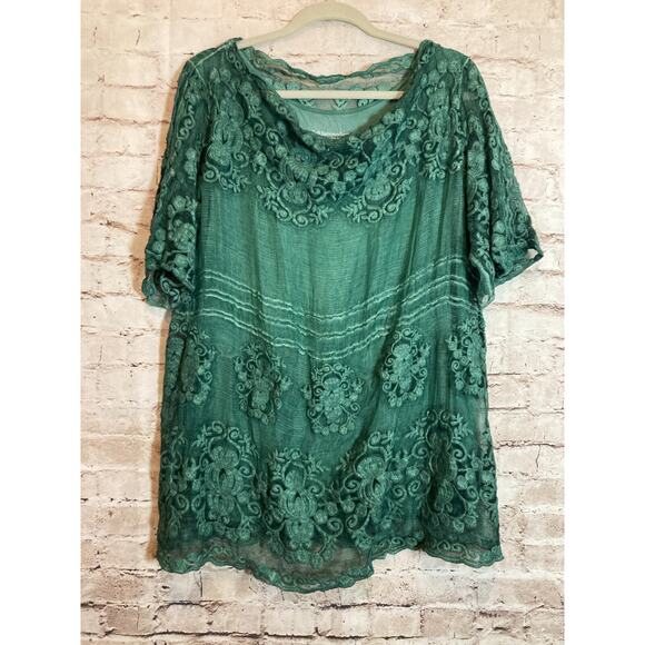 Soft Surroundings Silk Tunic Top Womens Petite Large Green Crinkled Embroidery - Picture 1 of 15